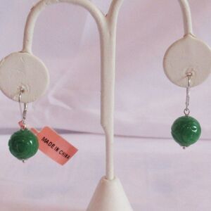Burmese Green Jade Carved Lever Back Earring in Sterling Silver